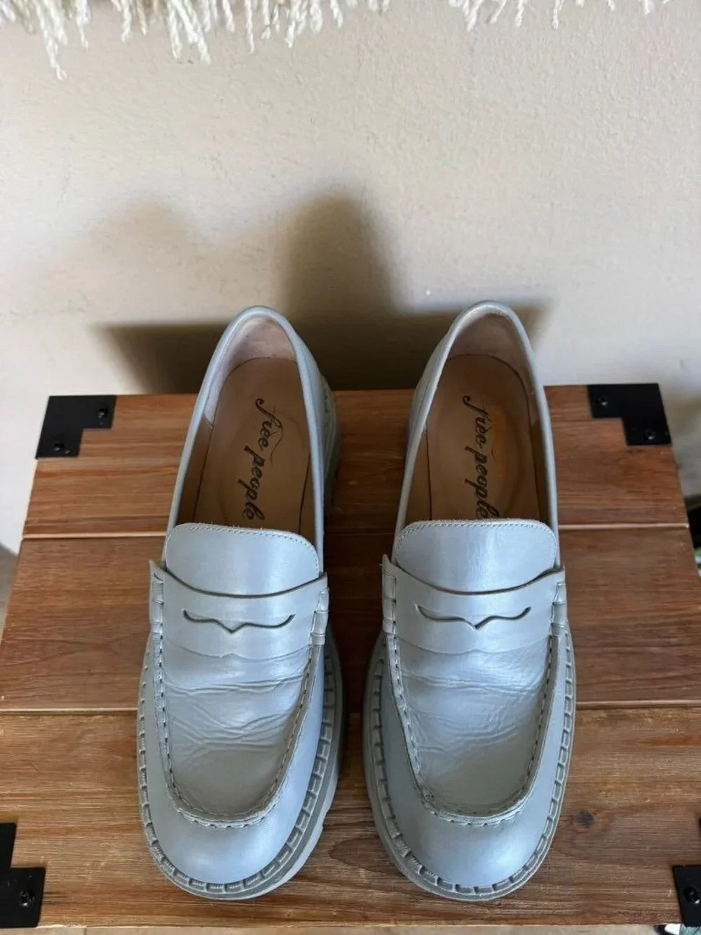 Free People Lyra Dusty Blue Genuine Leather Platform Lug Sole Loafer Size 8/38.5